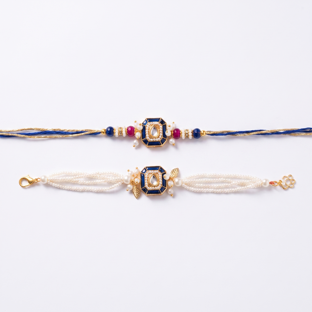 Kundan Square Blue Bhaiya Bhabhi Rakhi Set : BV-AH-RKHI-KUNDAN-SQUARE-BLUE-COUPLE