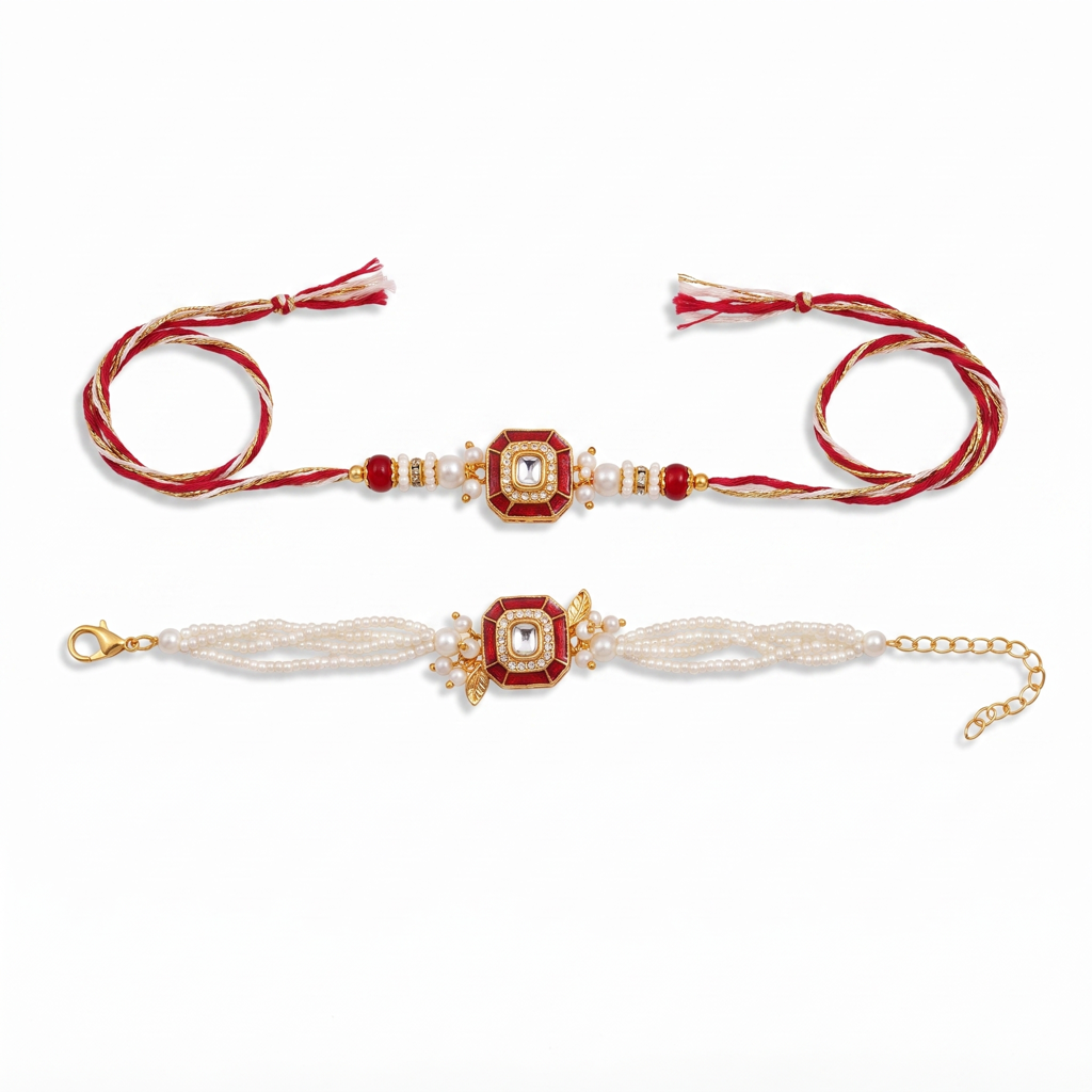 Kundan Square Red Bhaiya Bhabhi Rakhi Set : BV-AH-RKHI-KUNDAN-SQUARE-RED-COUPLE