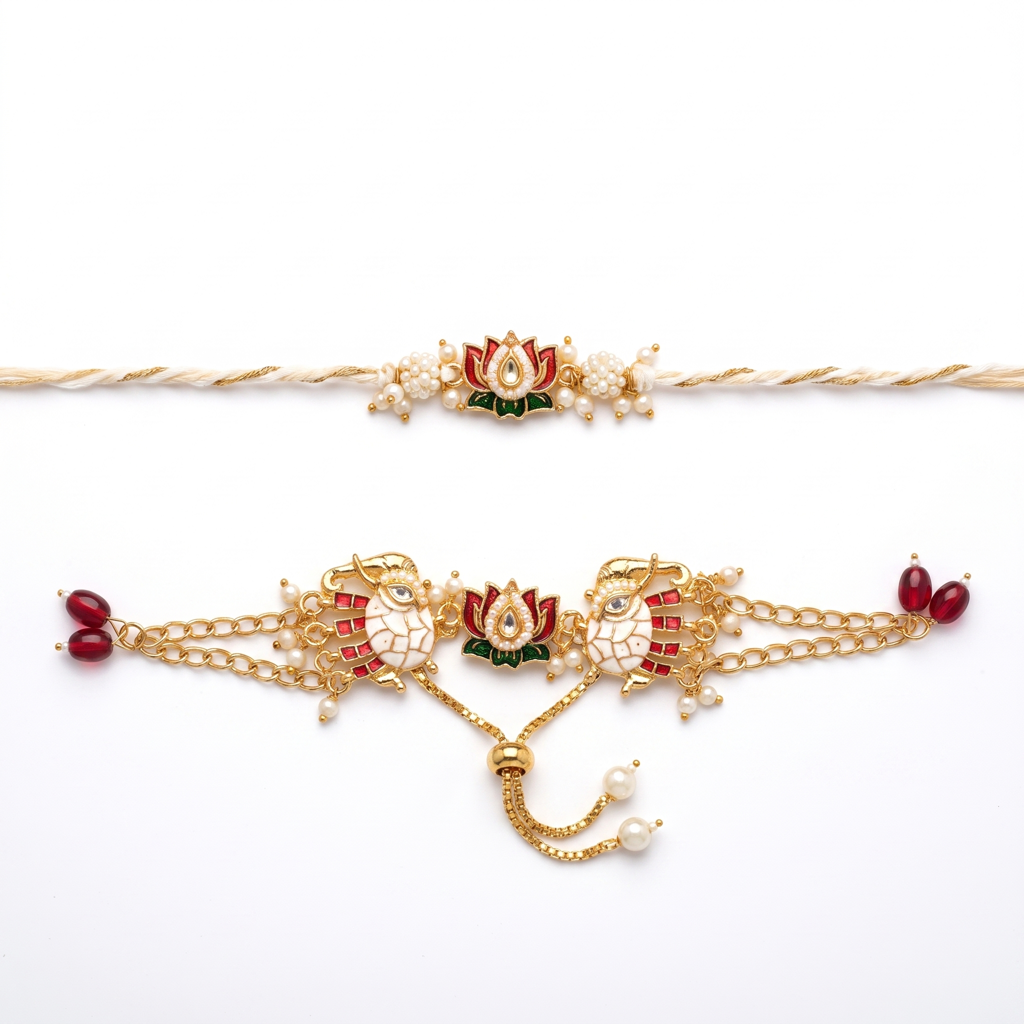 Lotus Peacock Cream Bhaiya Bhabhi Rakhi Set : BV-AH-RKHI-LOTUS-PEACOCK-CREAM-COUPLE