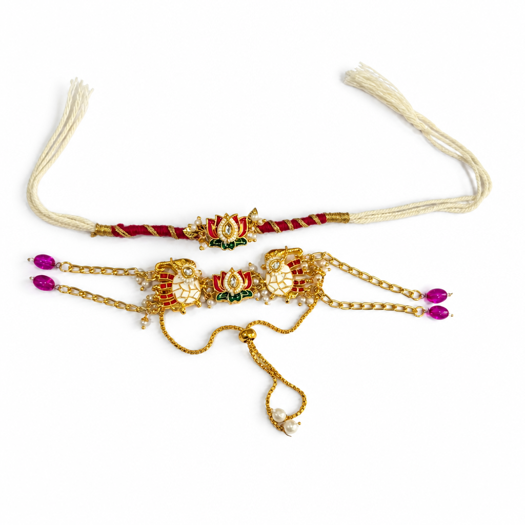 Lotus Peacock Pink Bhaiya Bhabhi Rakhi Set : BV-AH-RKHI-LOTUS-PEACOCK-PINK-COUPLE