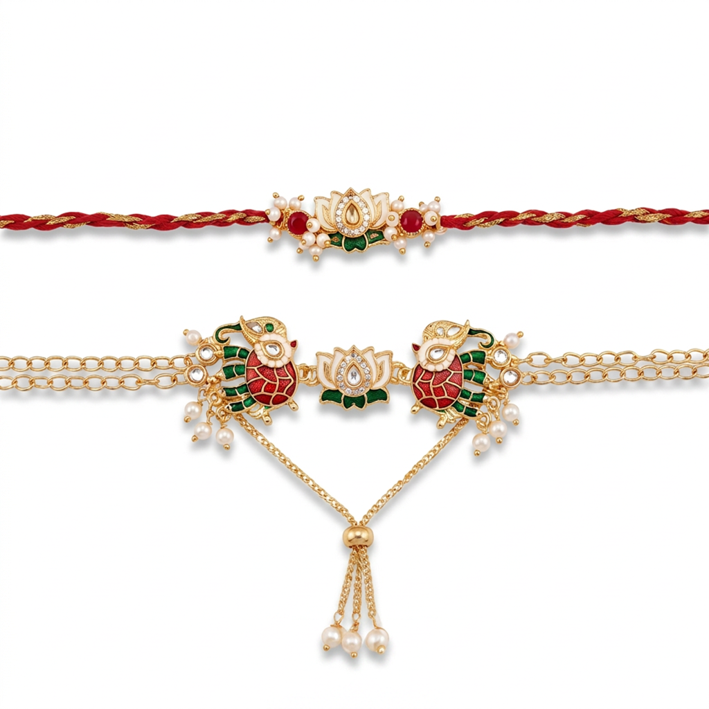 Lotus Peacock Red Bhaiya Bhabhi Rakhi Set : BV-AH-RKHI-LOTUS-PEACOCK-RED-COUPLE