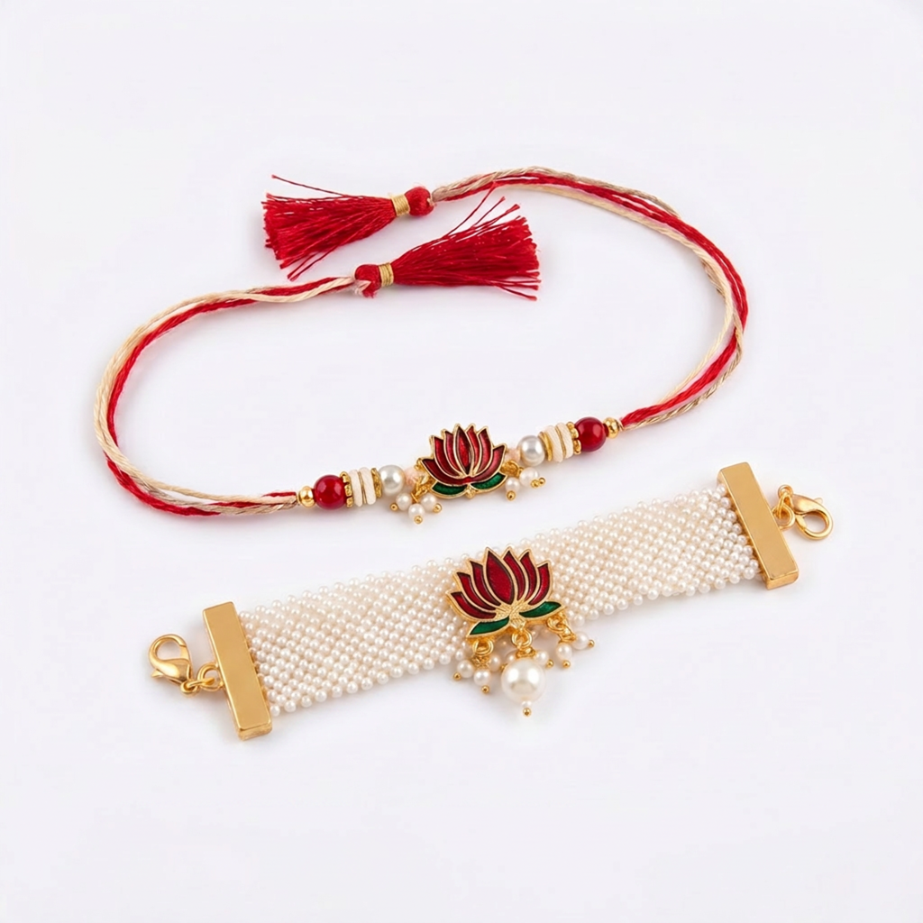 Lotus Red Bhaiya Bhabhi Rakhi Cuff Set : BV-AH-RKHI-LOTUS-RED-CUFF-COUPLE