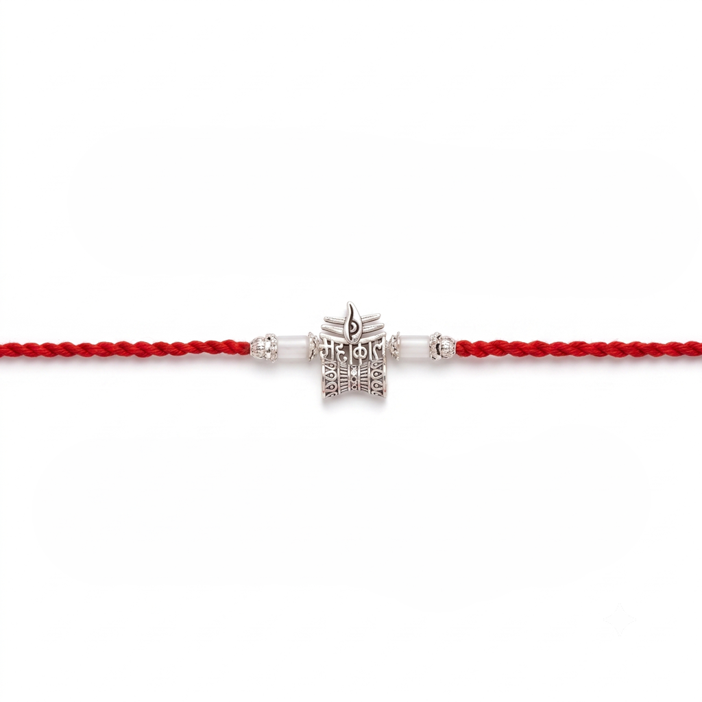 Mahakal Silver Trishul Red Thread Rakhi : BV-AH-RKHI-MAHAKAL-SILVER-RED-SINGLE