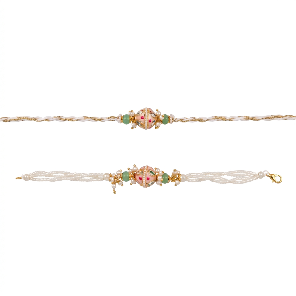 Meenakari Peach Bead Bhaiya Bhabhi Rakhi Set : BV-AH-RKHI-MEENAKARI-BEAD-PEACH-COUPLE