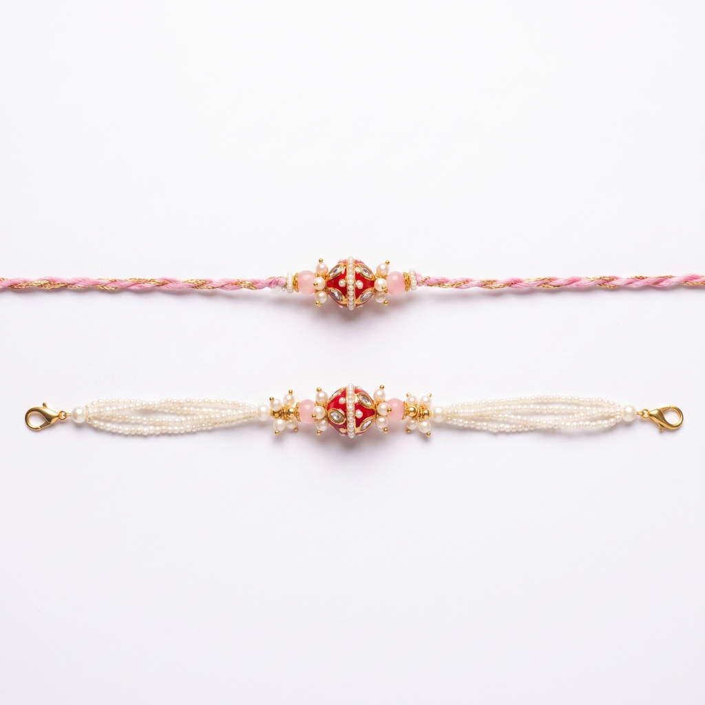 Meenakari Pink Bead Bhaiya Bhabhi Rakhi Set : BV-AH-RKHI-MEENAKARI-BEAD-PINK-COUPLE