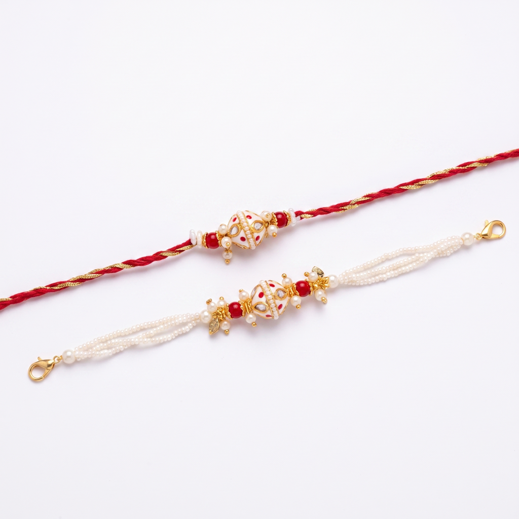 Red Meenakari Bead Bhaiya Bhabhi Rakhi Set : BV-AH-RKHI-MEENAKARI-BEAD-RED-COUPLE