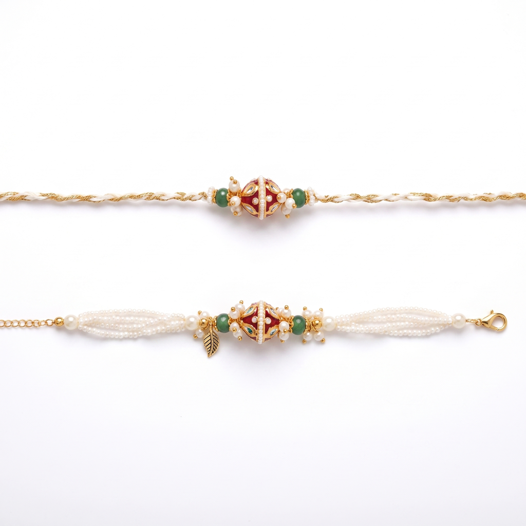 Red Green Meenakari Bead Bhaiya Bhabhi Rakhi Set : BV-AH-RKHI-MEENAKARI-BEAD-RED-GREEN-COUPLE