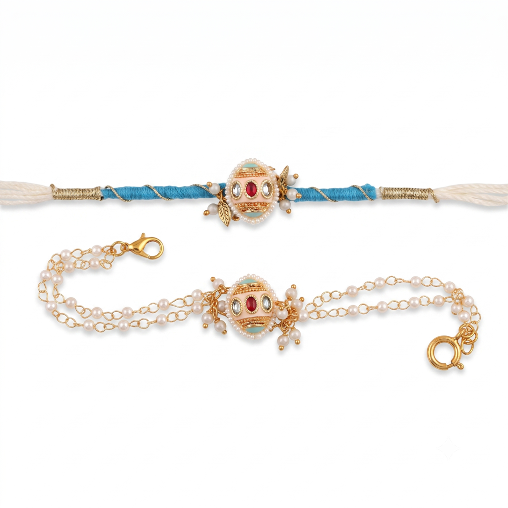 Aqua Blue Meenakari Oval Bhaiya Bhabhi Rakhi Set : BV-AH-RKHI-MEENAKARI-OVAL-BLUE-COUPLE