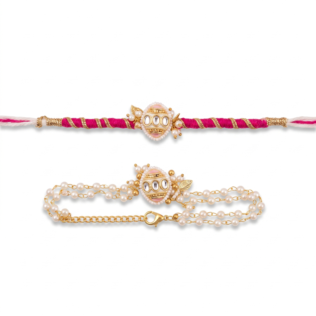 Pink Meenakari Oval Bhaiya Bhabhi Rakhi Set : BV-AH-RKHI-MEENAKARI-OVAL-PINK-COUPLE
