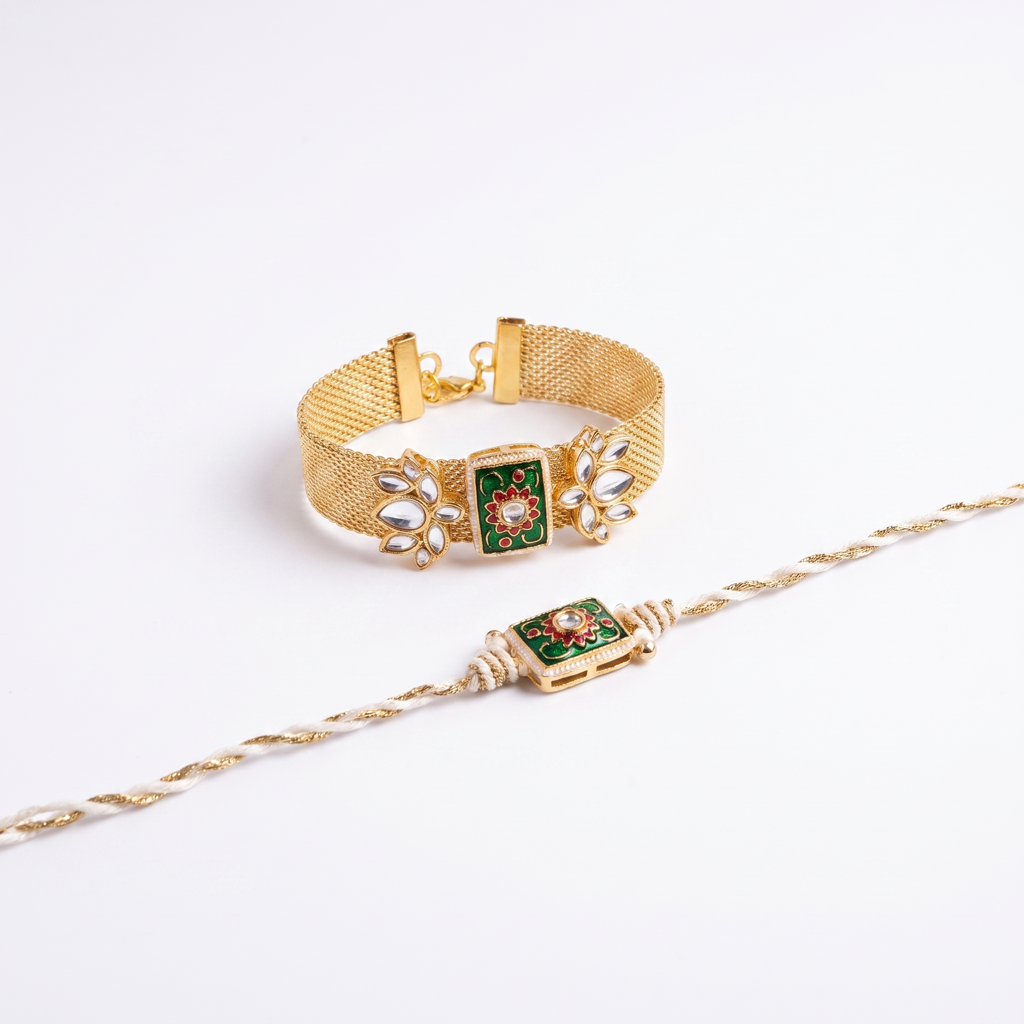 Green Square Meenakari Mesh Cuff Bhaiya Bhabhi Set : BV-AH-RKHI-MEENAKARI-SQUARE-GREEN-MESH-COUPLE