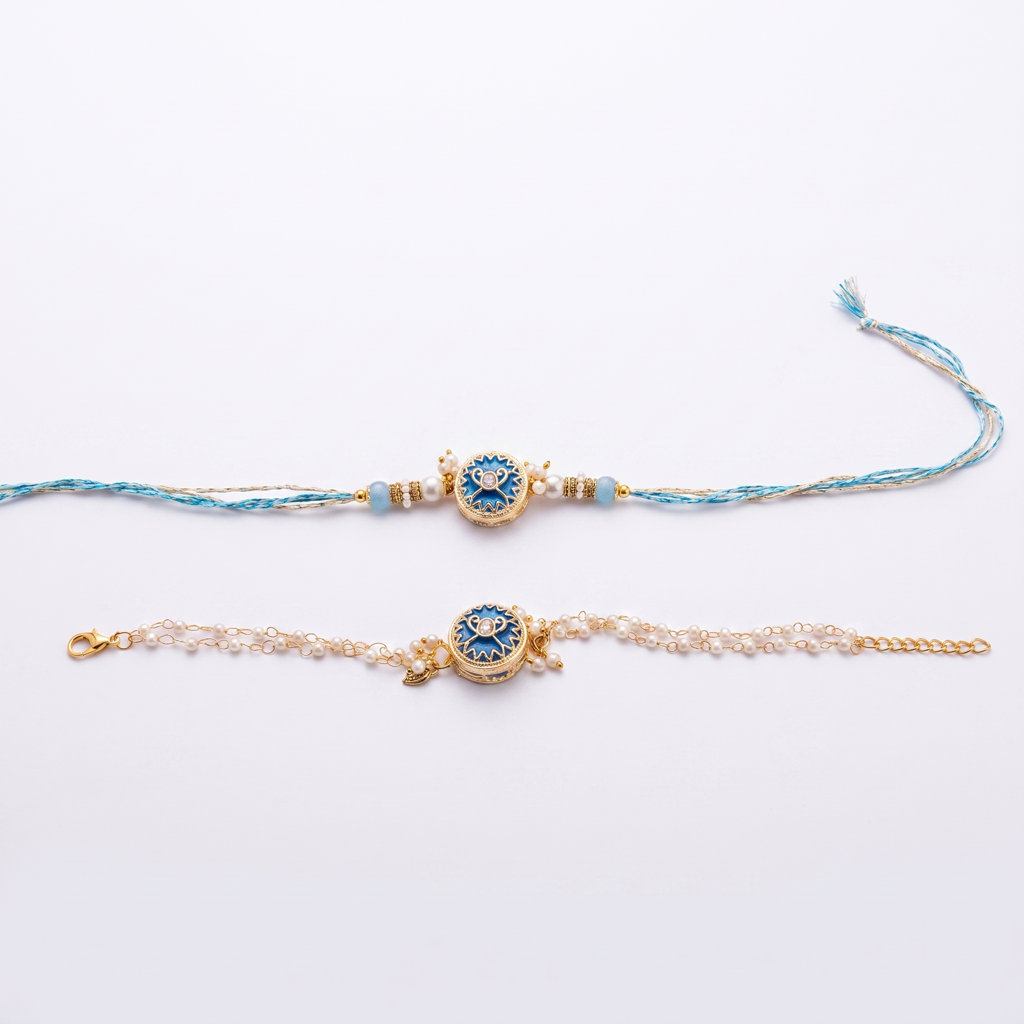 Blue Round Evil Eye Bhaiya Bhabhi Rakhi Set : BV-AH-RKHI-ROUND-BLUE-COUPLE