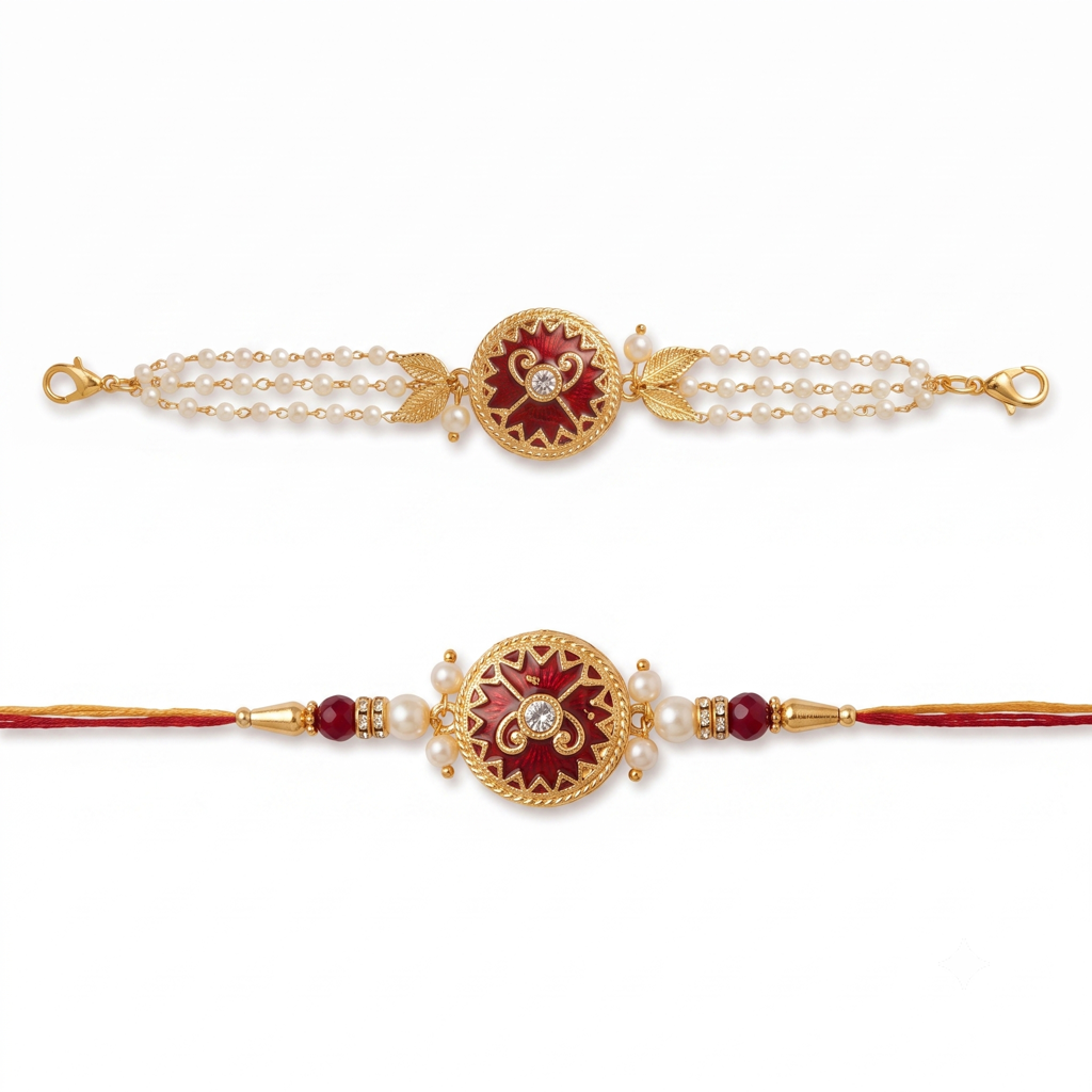 Red Round Meenakari Bhaiya Bhabhi Rakhi Set : BV-AH-RKHI-ROUND-RED-COUPLE