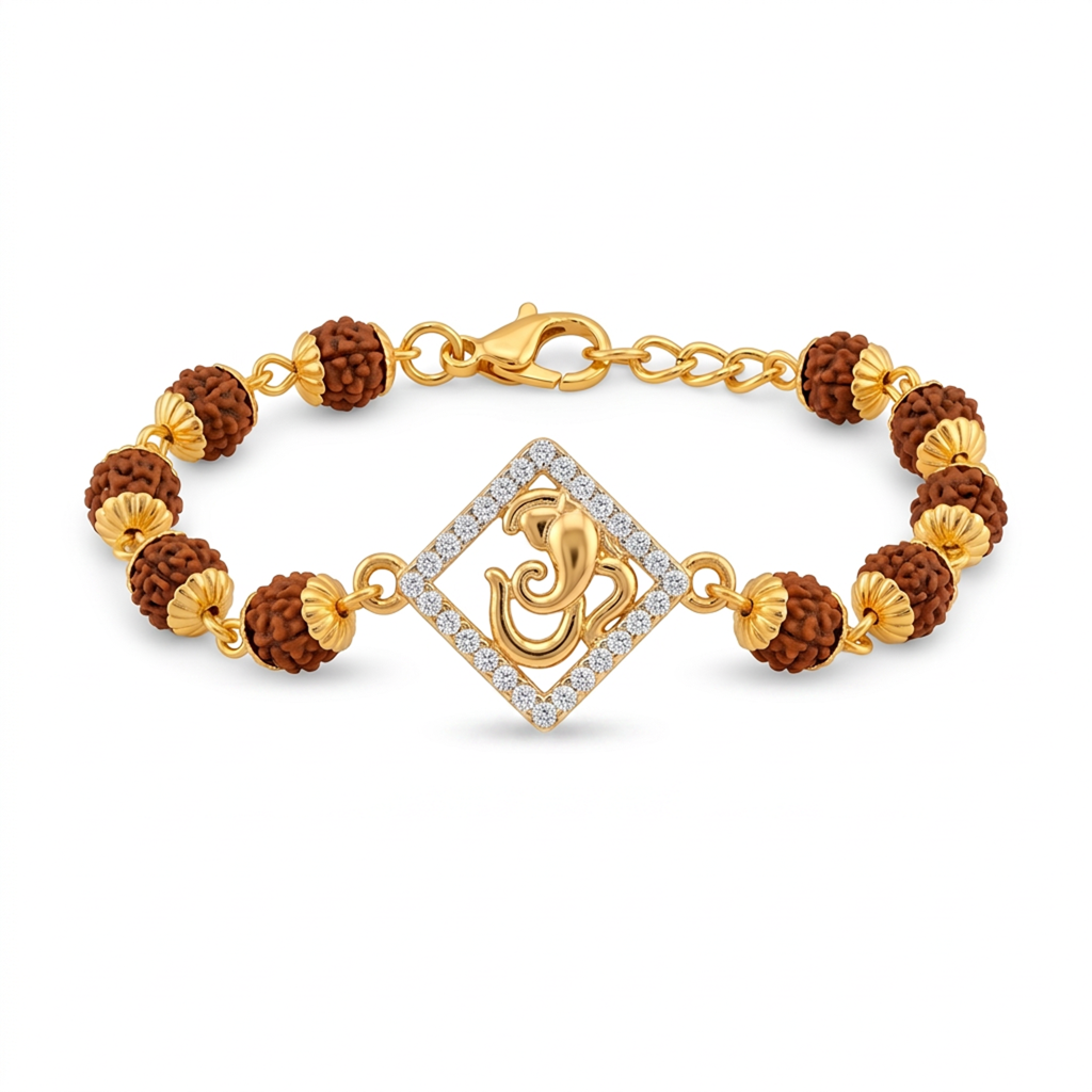 Rudraksha Om Ganesha Diamond Frame Bracelet Rakhi : BV-AH-RKHI-RUDRAKSHA-OM-DIAMOND-BRACELET-MEN