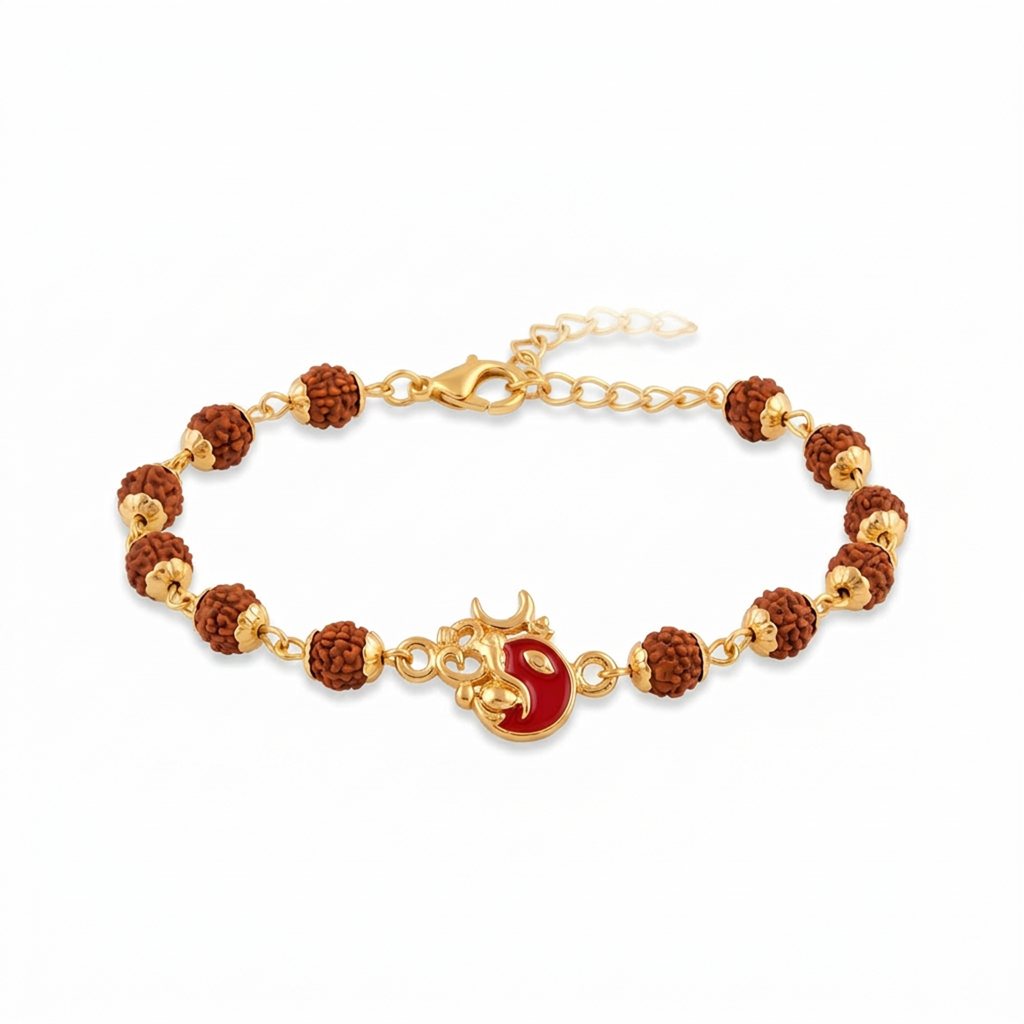 Rudraksha Red Om Ganesha Bracelet Rakhi For Men : BV-AH-RKHI-RUDRAKSHA-OM-GANESHA-BRACELET-MEN