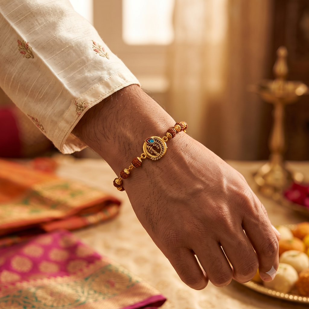 Antique Rudraksha Peacock Bracelet Rakhi : BV-AH-RKHI-RUDRAKSHA-PINCH-BRACELET
