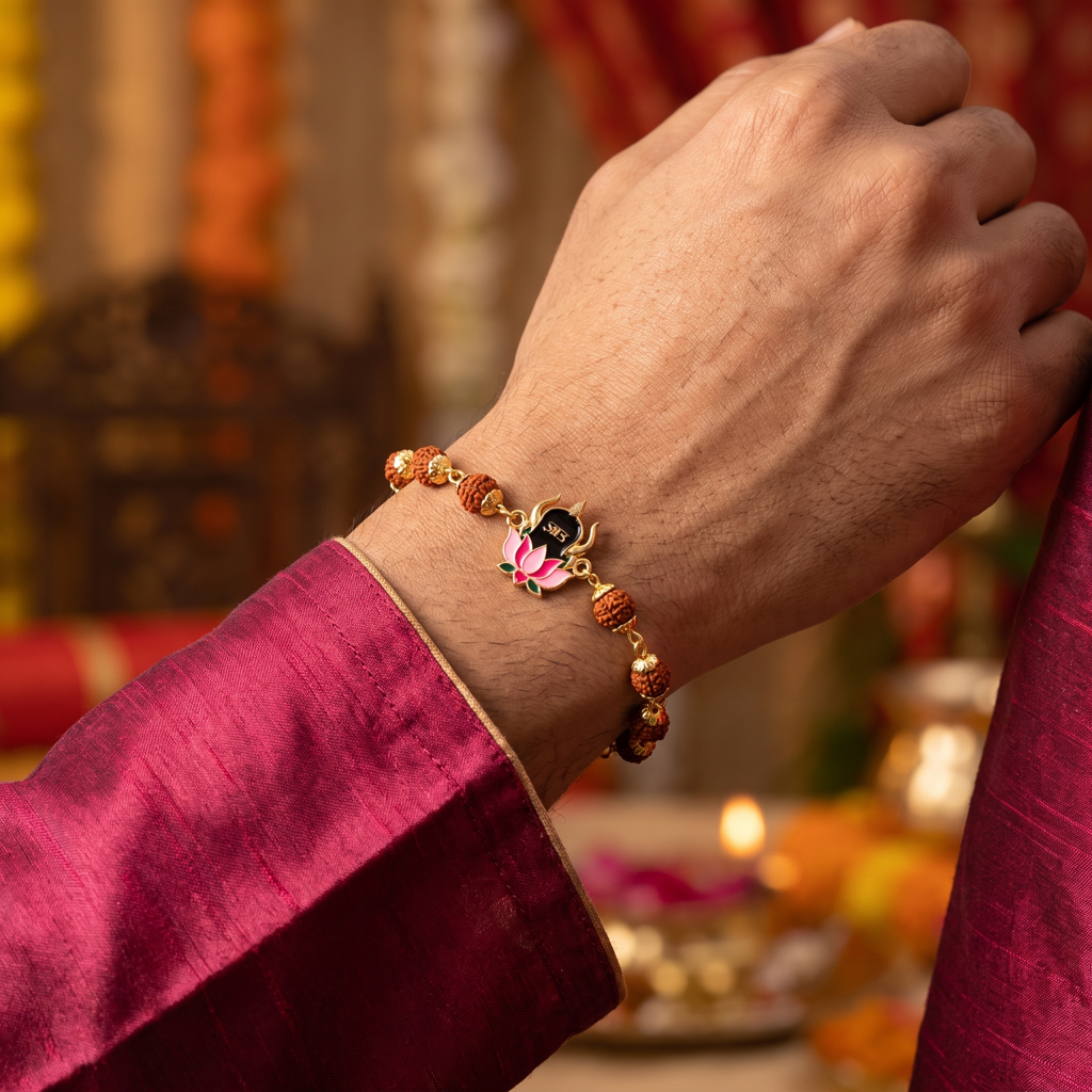 Eternz Certified Jewellery - Belle Vogue Rudraksha Shiva Lotus Pink Bracelet Rakhi For Men (Free Size)