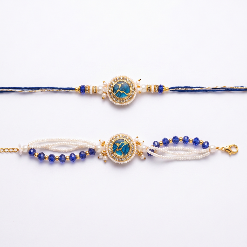 Blue Enamel Round Bhaiya Bhabhi Rakhi Set : BV-AH-RKHI-STONE-ROUND-BLUE-COUPLE