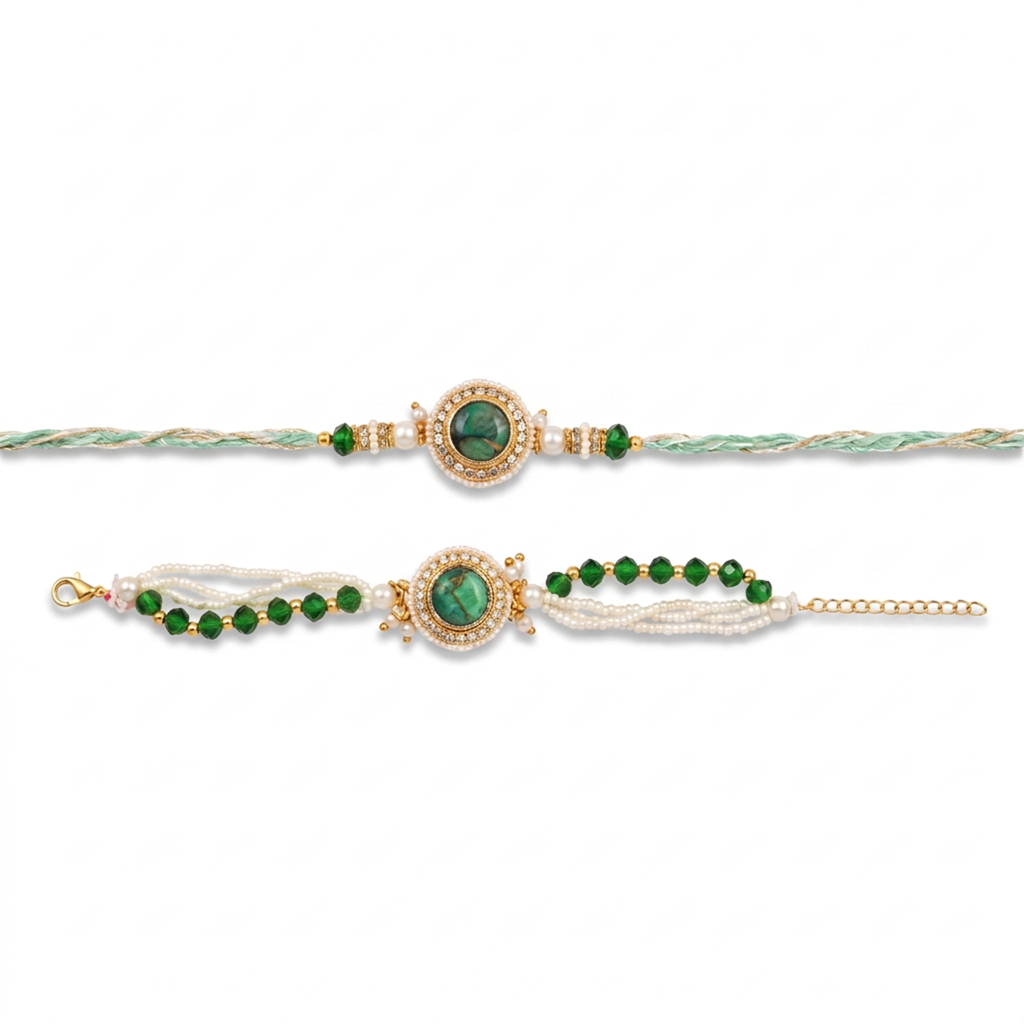 Green Stone Round Bhaiya Bhabhi Rakhi Set : BV-AH-RKHI-STONE-ROUND-GREEN-COUPLE
