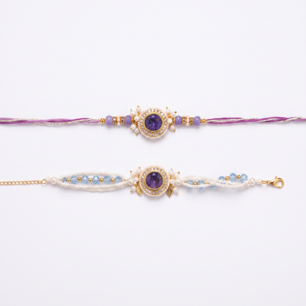 Purple Stone Round Bhaiya Bhabhi Rakhi Set : BV-AH-RKHI-STONE-ROUND-PURPLE-COUPLE