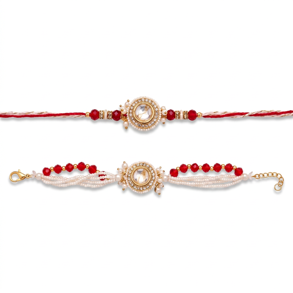 Round Kundan Stone White Pearl Bhaiya Bhabhi Rakhi Set : BV-AH-RKHI-STONE-ROUND-WHITE-COUPLE