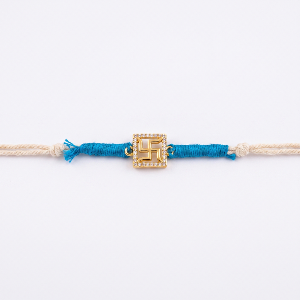 Blue Thread Gold Swastik Single Rakhi : BV-AH-RKHI-SWASTIK-BLUE-SINGLE