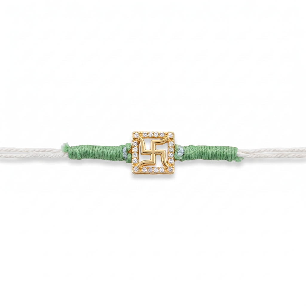 Green Thread Gold Swastik Single Rakhi : BV-AH-RKHI-SWASTIK-GREEN-SINGLE