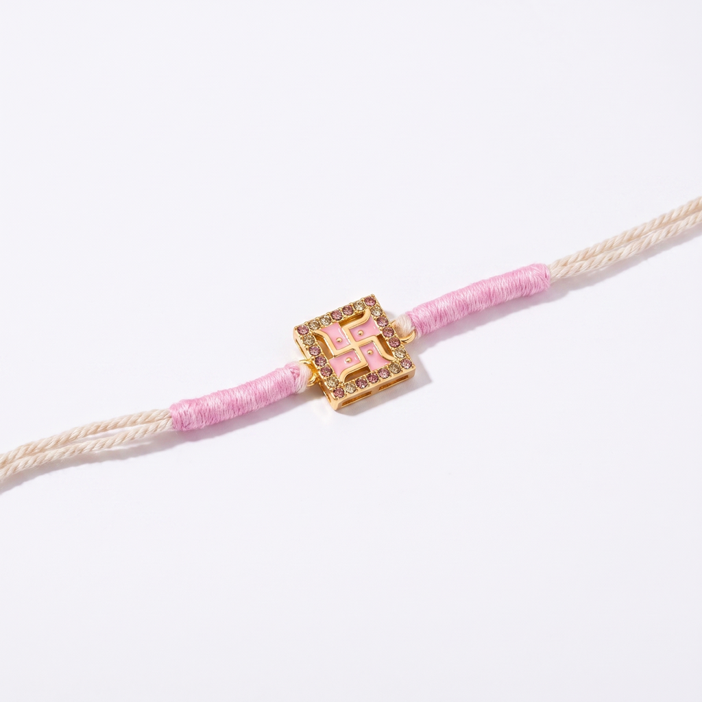 Pink Meenakari Gold Swastik Single Rakhi : BV-AH-RKHI-SWASTIK-PINK-SINGLE