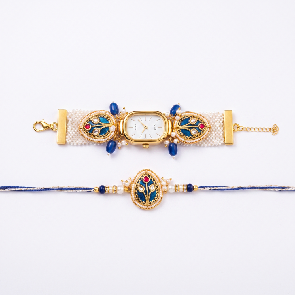 Blue Meenakari Watch Bhaiya Bhabhi Rakhi Set : BV-AH-RKHI-WATCH-MEENAKARI-BLUE-COUPLE