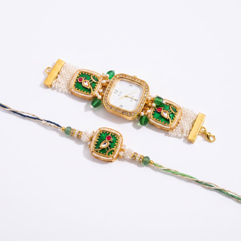 Green Meenakari Watch Bhaiya Bhabhi Rakhi Set : BV-AH-RKHI-WATCH-MEENAKARI-GREEN-COUPLE