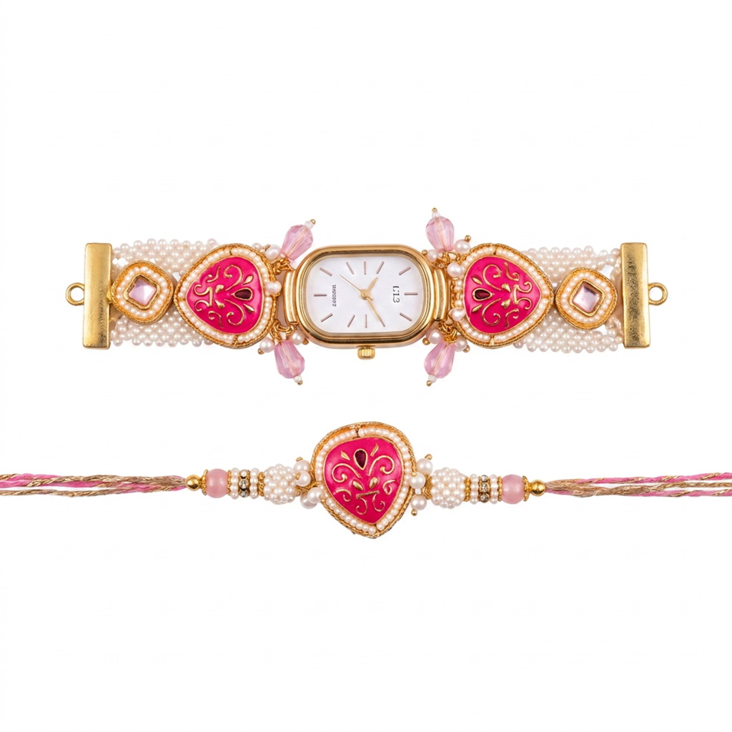 Pink Meenakari Watch Bhaiya Bhabhi Rakhi Set : BV-AH-RKHI-WATCH-MEENAKARI-PINK-COUPLE