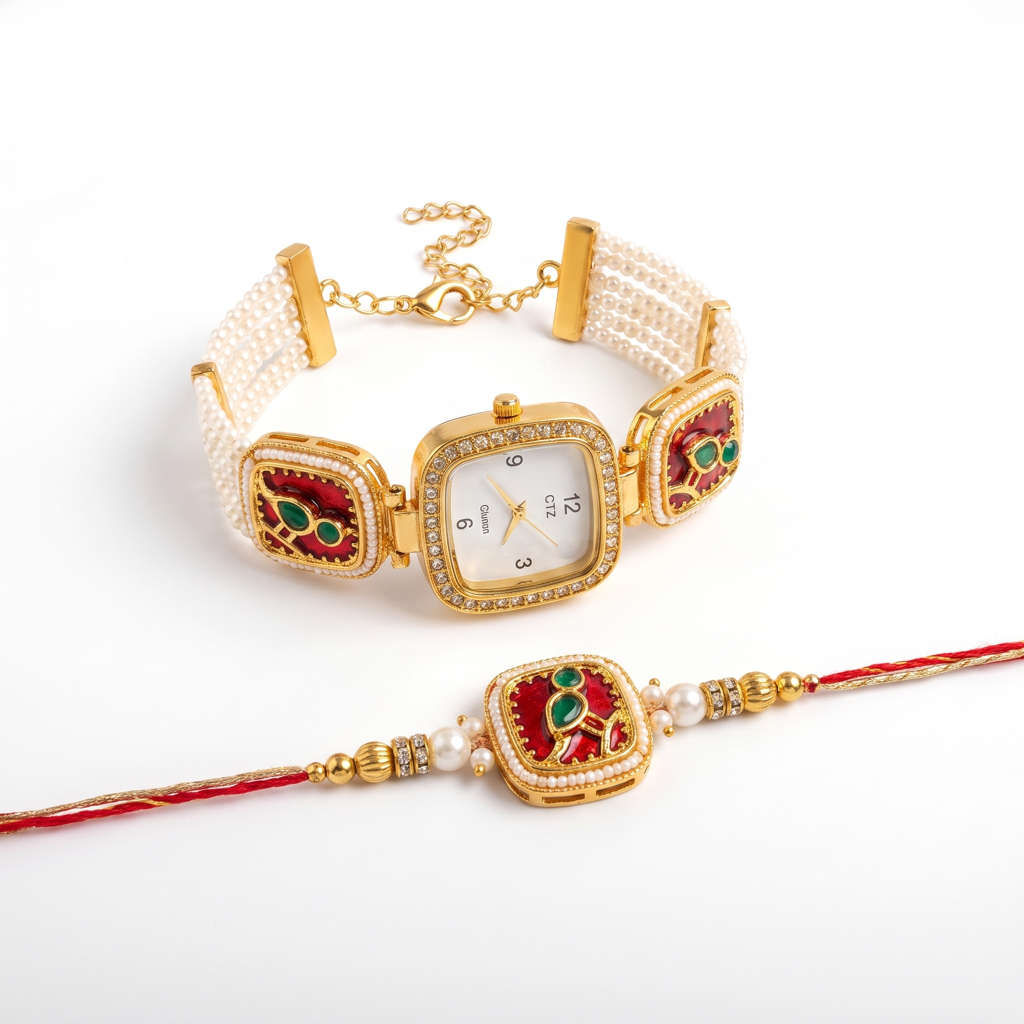 Red Meenakari Watch Bhaiya Bhabhi Rakhi Set : BV-AH-RKHI-WATCH-MEENAKARI-RED-COUPLE