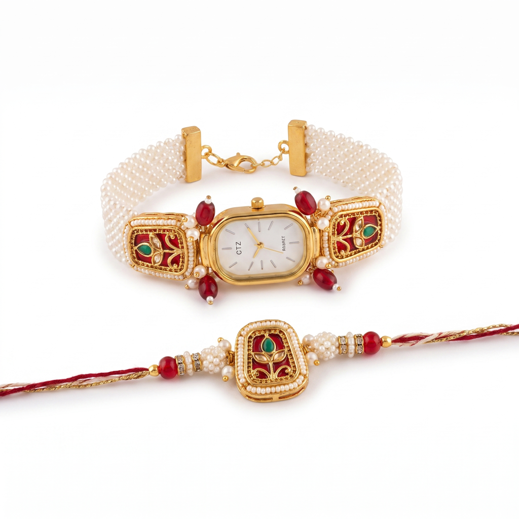 Red Meenakari Pearl Band Watch Bhaiya Bhabhi Rakhi Set : BV-AH-RKHI-WATCH-MEENAKARI-RED-PEARLBAND-COUPLE