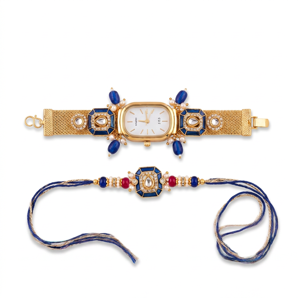 Blue Meenakari Gold Mesh Watch Bhaiya Bhabhi Rakhi Set : BV-AH-RKHI-WATCH-MESH-BLUE-COUPLE