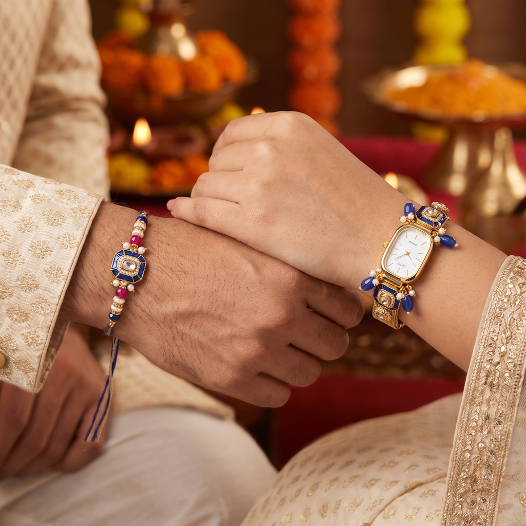 Eternz Certified Jewellery - Belle Vogue Blue Meenakari Gold Mesh Watch Bhaiya Bhabhi Rakhi Set (Free Size)