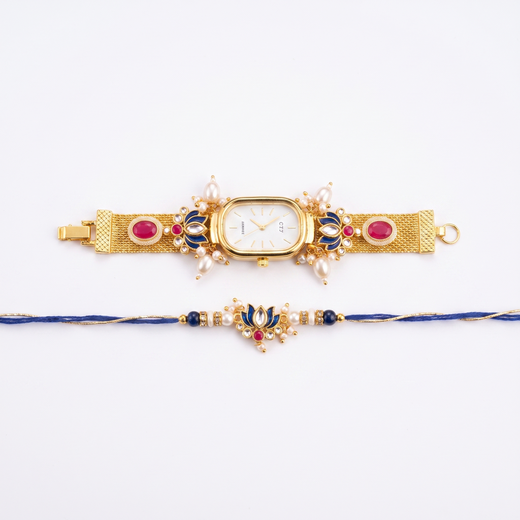 Lotus Gold Mesh Watch Bhaiya Bhabhi Rakhi Set : BV-AH-RKHI-WATCH-MESH-LOTUS-BLUE-COUPLE