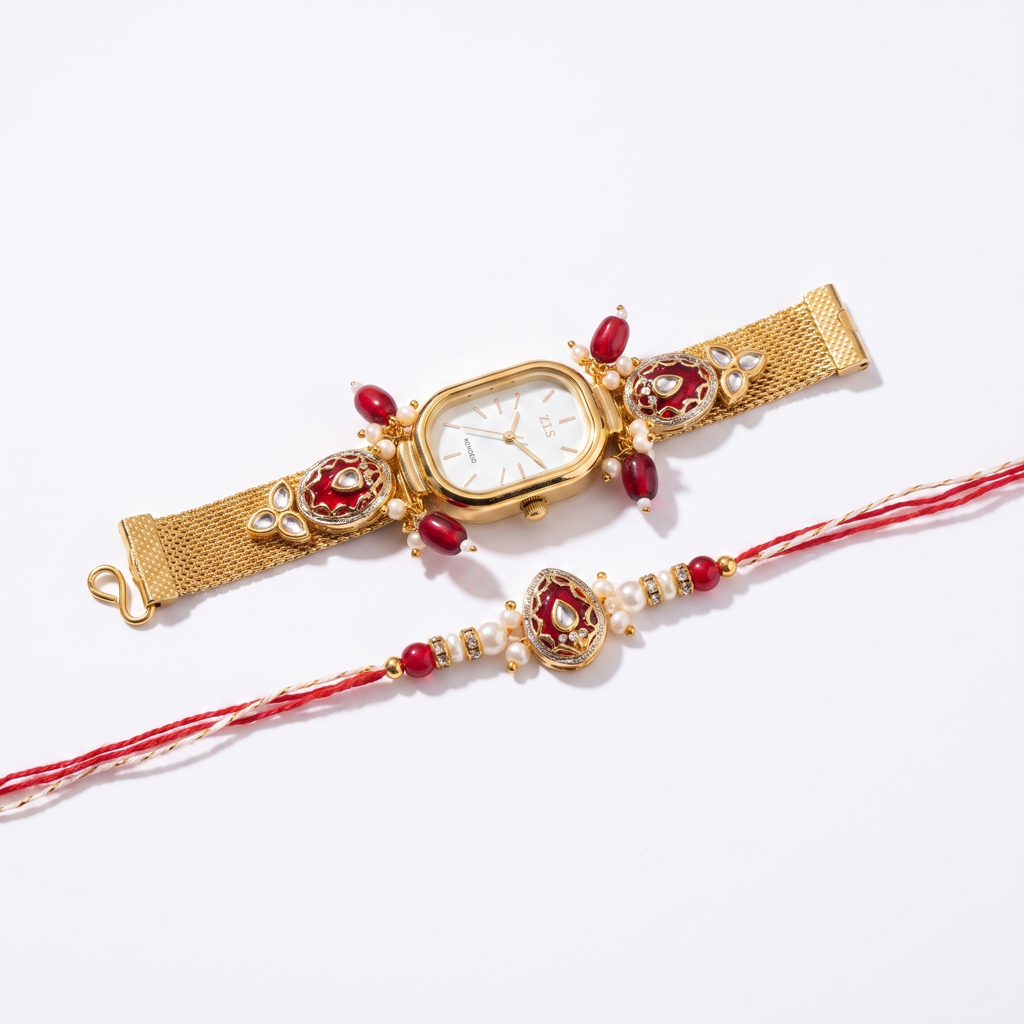 Red Kundan Watch Dial Bhaiya Bhabhi Rakhi Set : BV-AH-RKHI-WATCH-MESH-RED-COUPLE