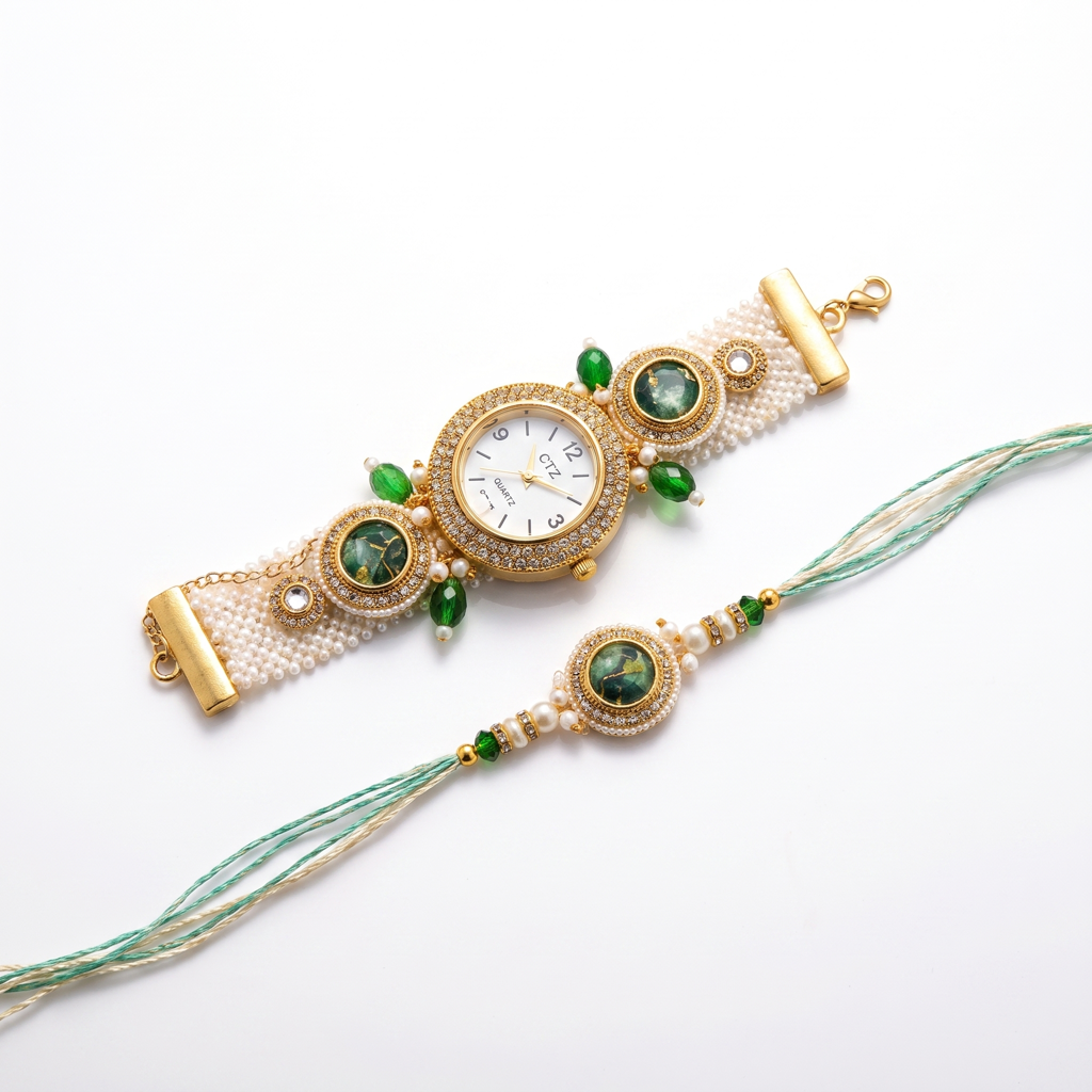 Watch Dial Bhaiya Bhabhi Rakhi Set : BV-AH-RKHI-WATCH-STONE-GREEN-COUPLE