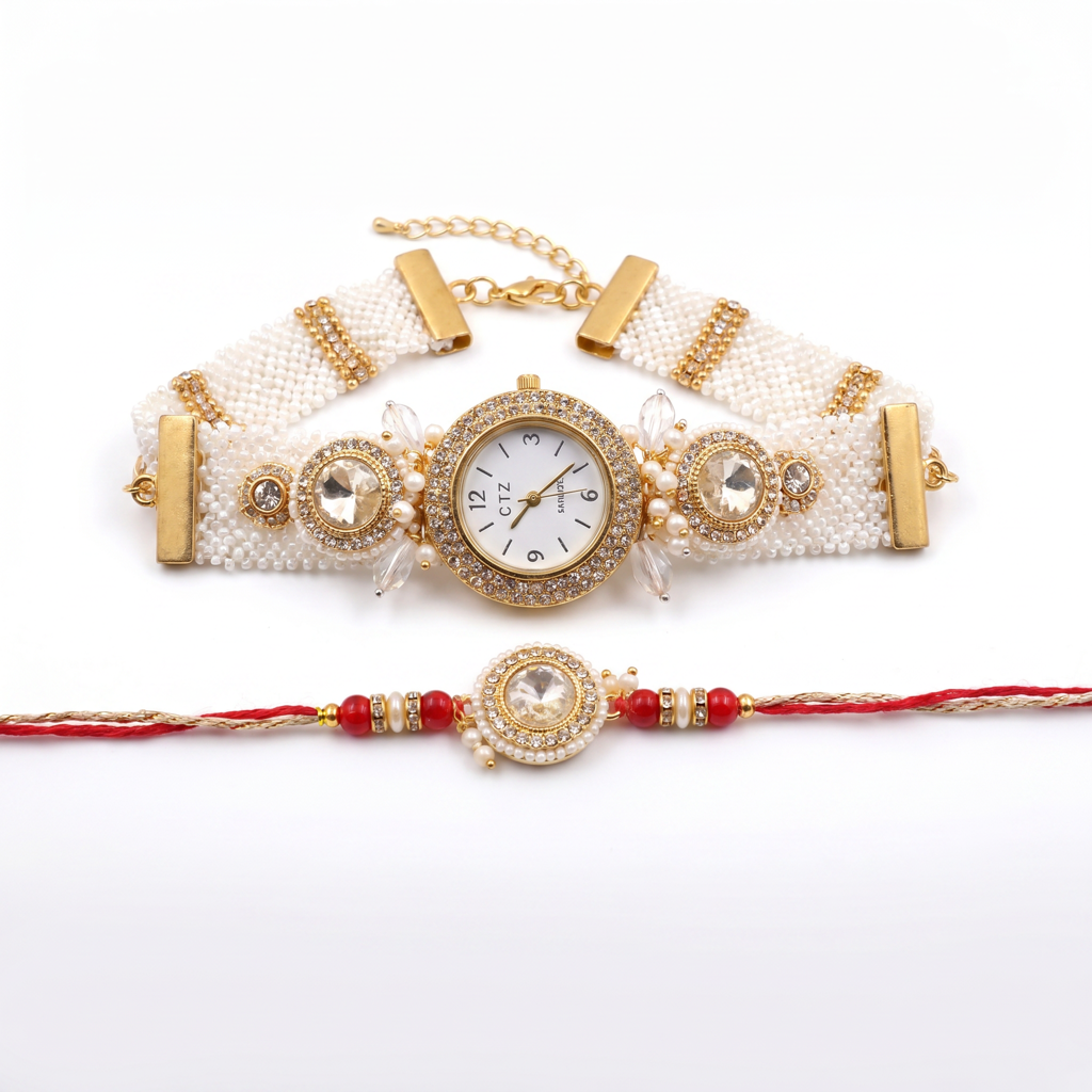 Crystal Watch Dial Red Bhaiya Bhabhi Rakhi Set : BV-AH-RKHI-WATCH-STONE-RED-COUPLE