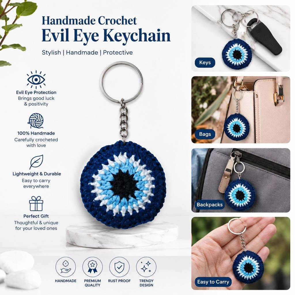 Handmade Crochet Evil Eye Keychain – Protective Nazar Key Ring Charm For Keys, Bags & Backpacks : BV-BAG-CHARM-BLUE-EVIL
