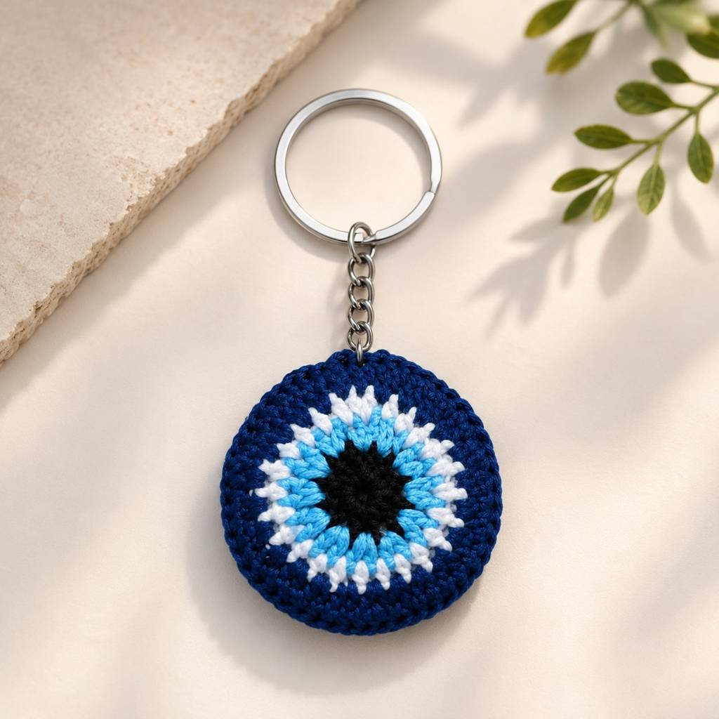 Handmade Crochet Evil Eye Keychain – Protective Nazar Key Ring Charm For Keys, Bags & Backpacks : BV-BAG-CHARM-BLUE-EVIL