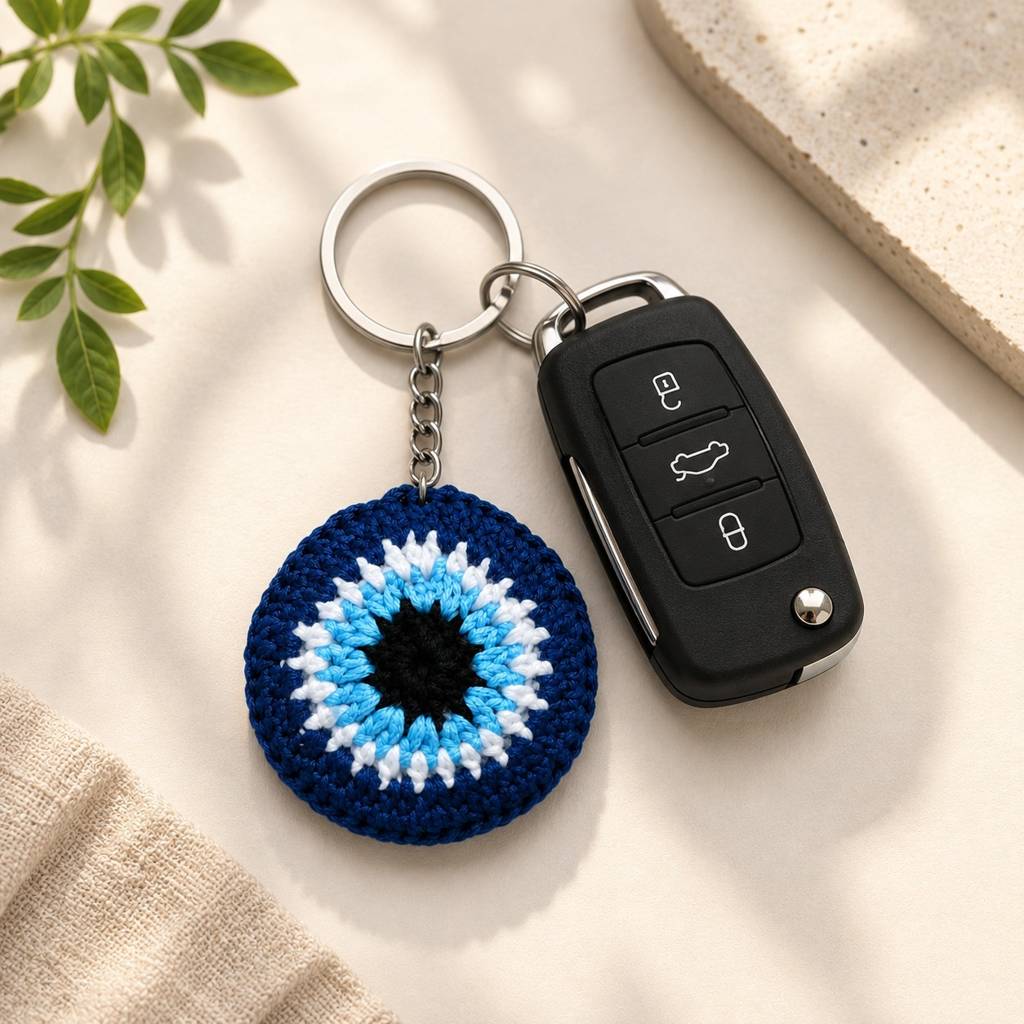 Handmade Crochet Evil Eye Keychain – Protective Nazar Key Ring Charm For Keys, Bags & Backpacks : BV-BAG-CHARM-BLUE-EVIL