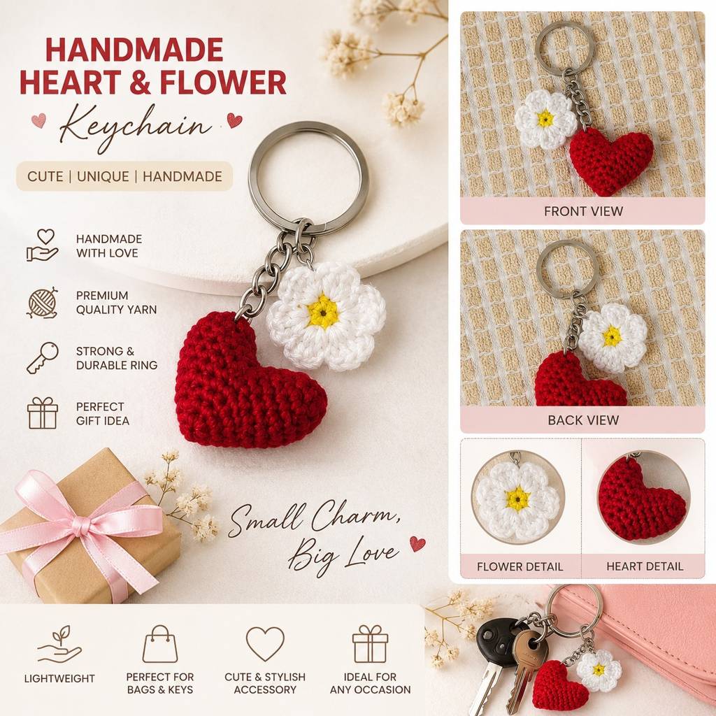Handmade Crochet Heart & Flower Keychain – Cute Heart Charm Key Ring For Keys, Bags & Gifts : BV-BAG-CHARM-HEART-FLOWER