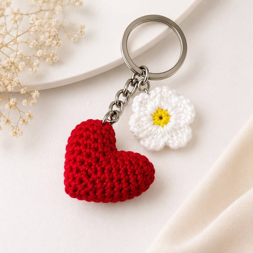 Handmade Crochet Heart & Flower Keychain – Cute Heart Charm Key Ring For Keys, Bags & Gifts : BV-BAG-CHARM-HEART-FLOWER