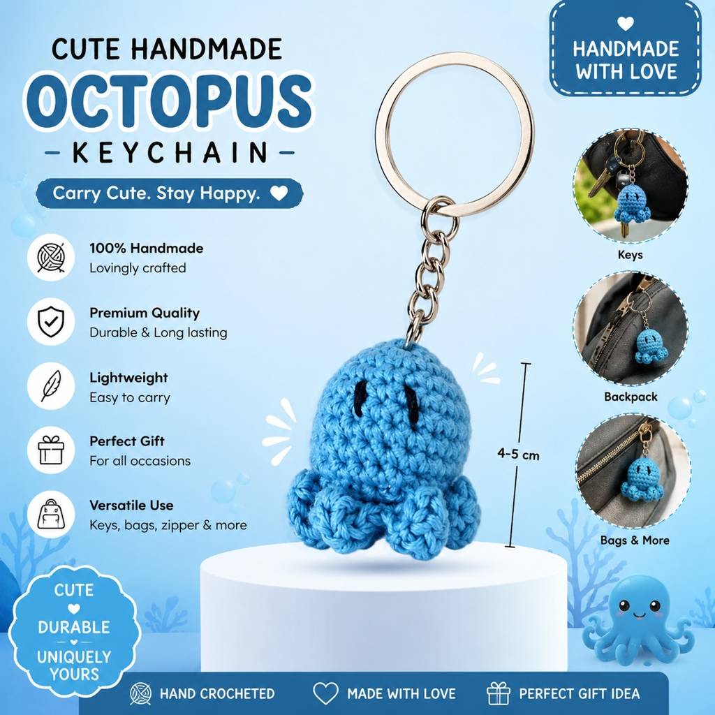 Cute Handmade Crochet Octopus Keychain – Mini Amigurumi Octopus Key Ring For Keys, Bags & Backpacks : BV-BAG-CHARM-OCTOPUS-BLUE