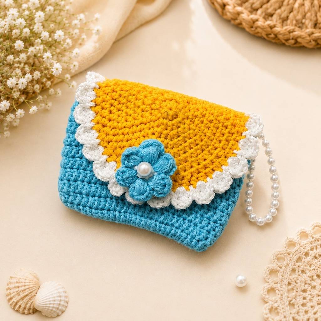 Crochet Flower Coin Purse With Pearl Wristlet : BV-KS-6
