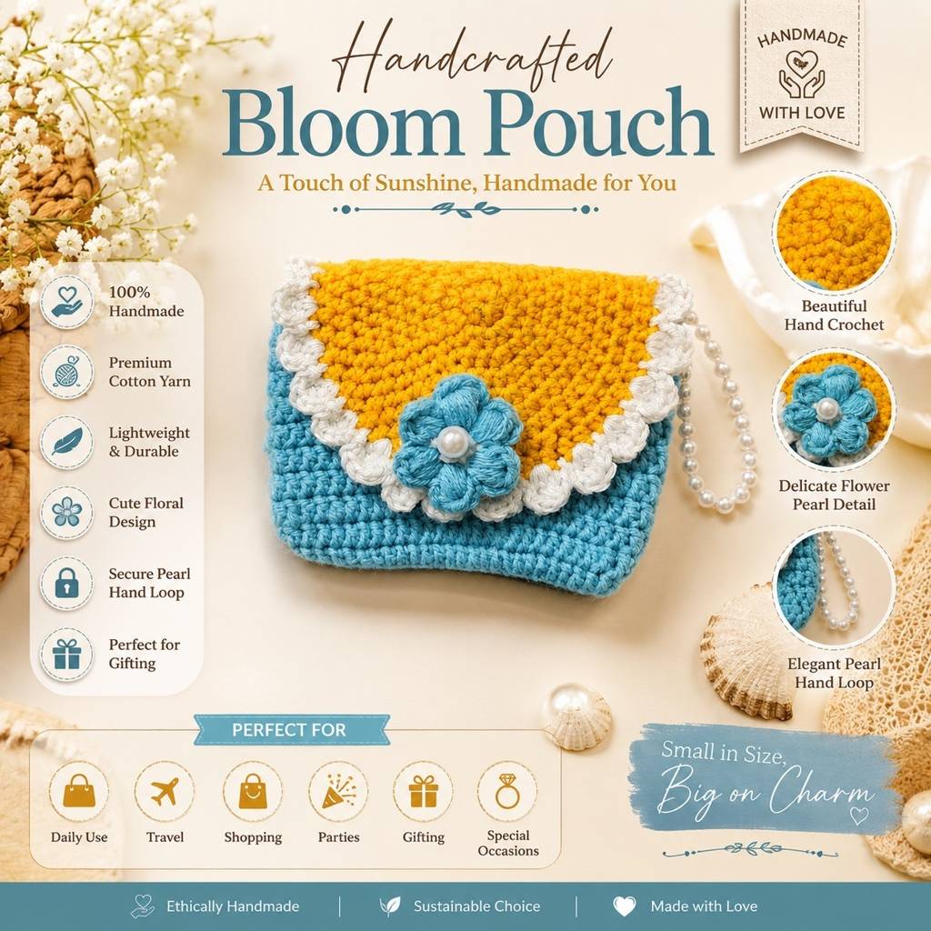 Crochet Flower Coin Purse With Pearl Wristlet : BV-KS-6
