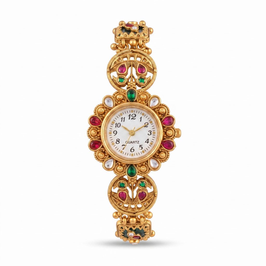 Antique Kundan Ruby Emerald Bracelet Watch : BV-MB-SRJ-1