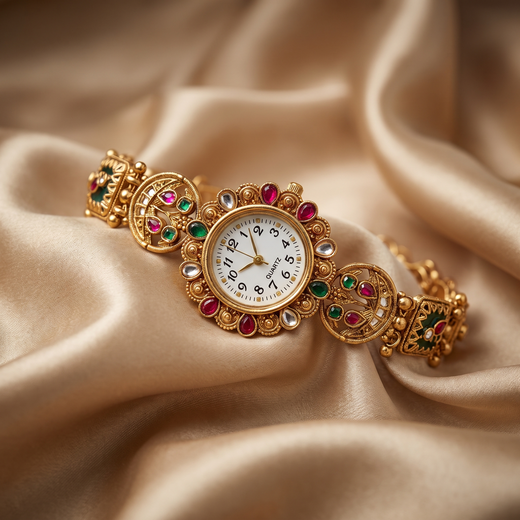 Antique Kundan Ruby Emerald Bracelet Watch : BV-MB-SRJ-1