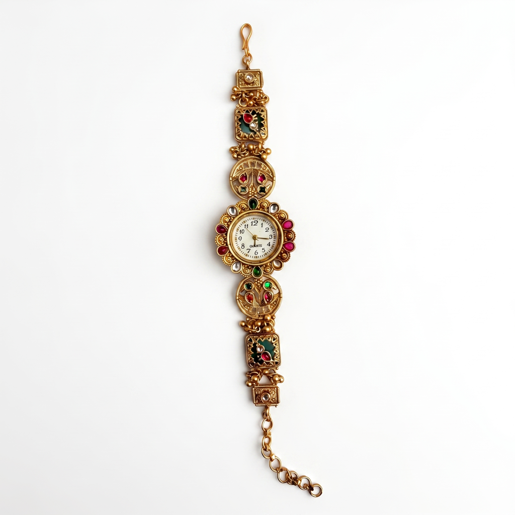 Antique Kundan Ruby Emerald Bracelet Watch : BV-MB-SRJ-1