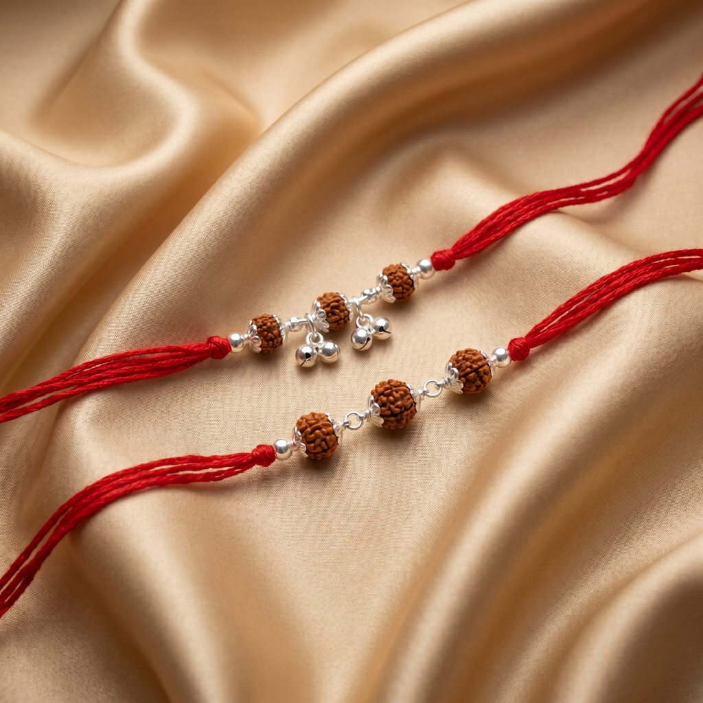 Traditional Silver Finish Rudraksha Couple Rakhi Set For Brother & Bhabhi | Premium Bhaiya B : BV-PJ-SRT-RAKHI-3RUDHRKSH-2GUGH